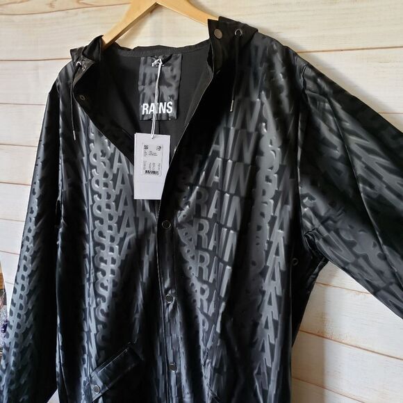 Rains Long Logo Print Raincoat Hooded Unisex Black Women's Men's Size Large - Picture 9 of 16